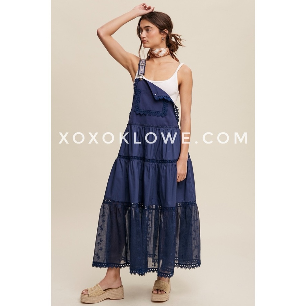 Listicle Navy Blue Lace + Embroidered Tiered Overall Dress | Trails End Skirtall